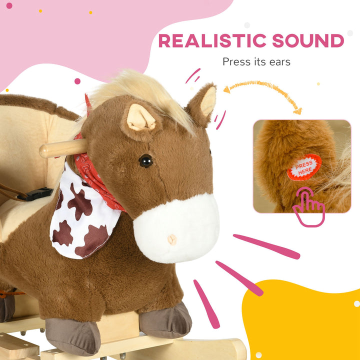 Kids Rocking Horse, with Safety Harness, Sounds, Foot Pedals - Brown