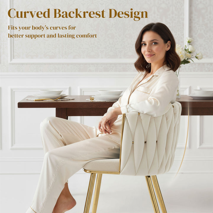 Velvet-Feel Dining Chairs Set of 2, Modern Upholstered Kitchen Chairs with Woven Backrest and Armrests, Metal Legs and Padded Seat for Dining Room, Bedroom, Living Room