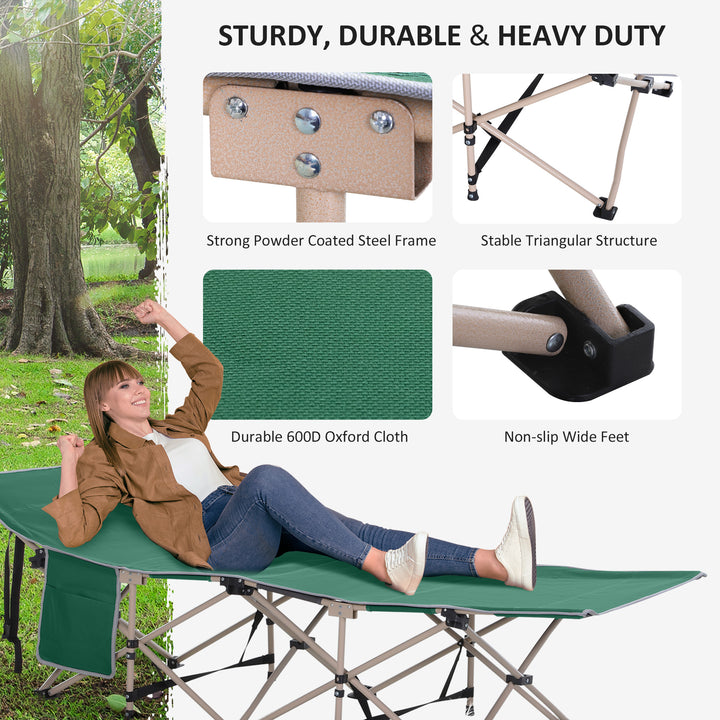 Single Person Camping Bed Folding Cot Outdoor Patio Portable Military Sleeping Bed Travel Guest Leisure Fishing with Side Pocket and Carry Bag - Green