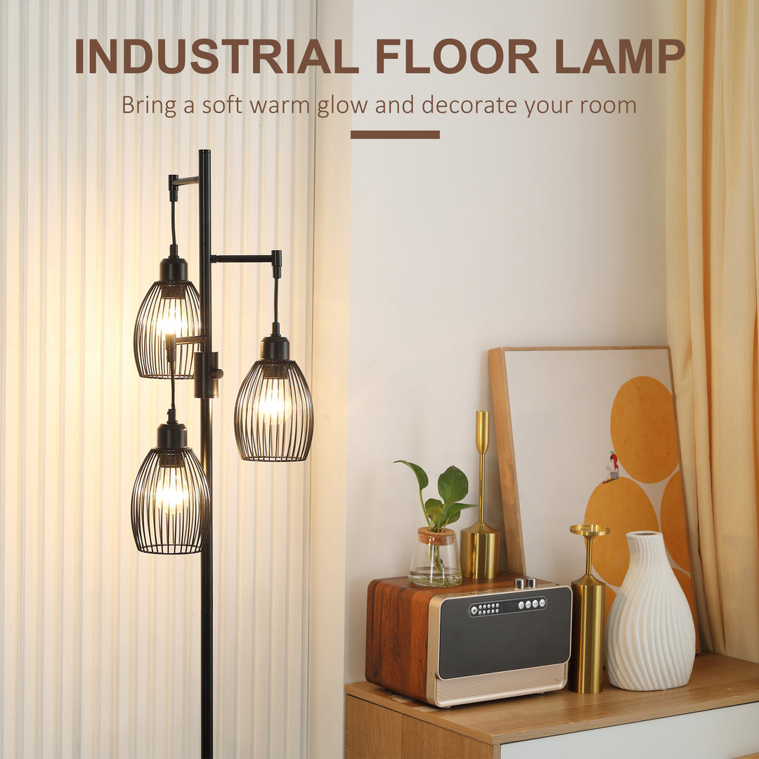 3-Light Floor Lamp, 170cm Industrial Dimmable Standing Lamp with Steel Wire Cage Lampshades for Living Room, Bedroom, Dining Room, Study, Black