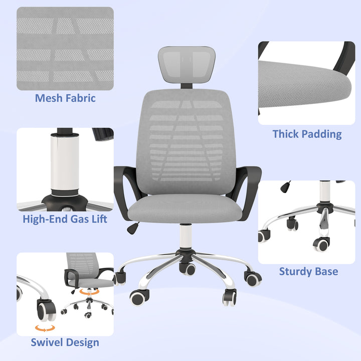 Vinsetto Office Chair, Ergonomic, Mesh Desk Chair with Rotatable Headrest, Lumbar Back Support, Armrest, Grey.