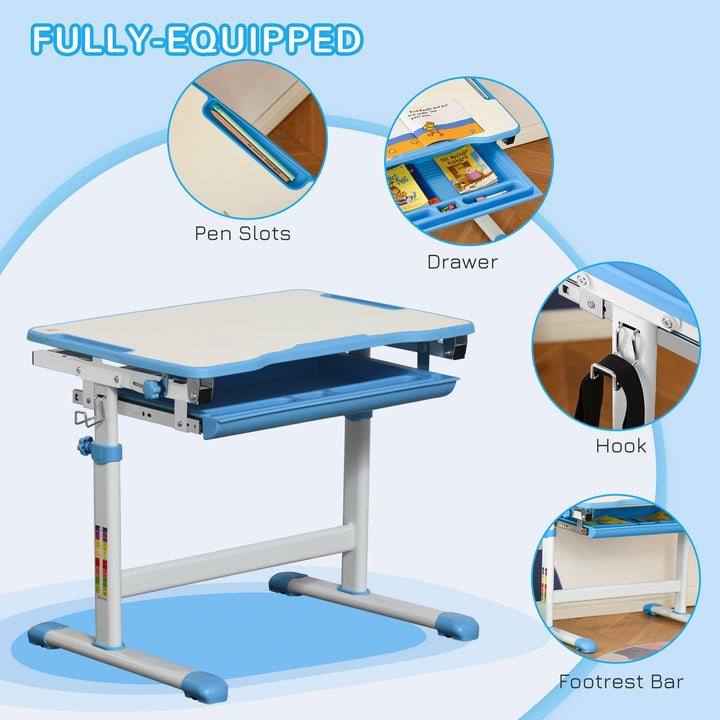 Kids Desk and Chair Set, Height Adjustable Student Writing Desk, Children School Study Table with Tiltable Desktop, Drawer, Pen Slot, Hook - Blue