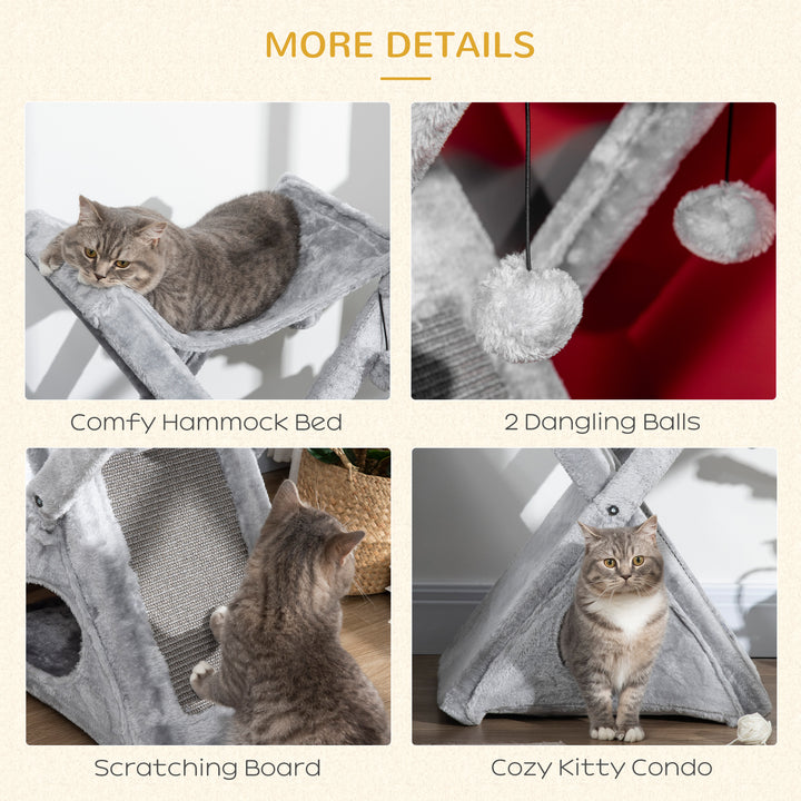 MCL Two Tier Cat Tree for Indoor Cats Play Rest Activity Tower Plush Folding Relax Center w/ Scratching Post Hammock Pom Poms Grey