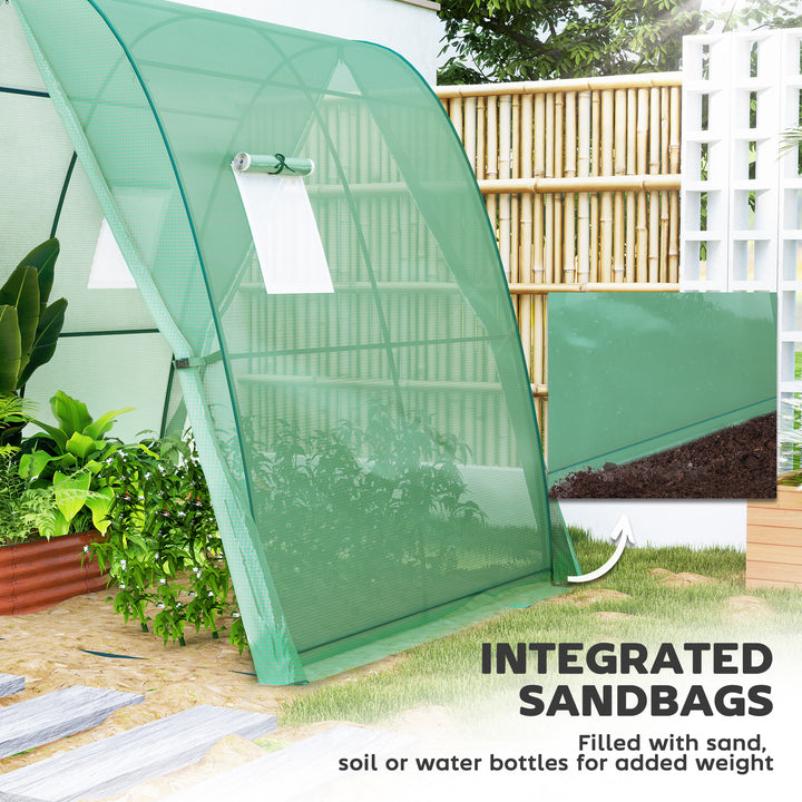 Polytunnel Greenhouse with Sandbags, Walk-In Tunnel Green House with 2 Doors and Screen Windows, 1.8 x 1.8 x 2m
