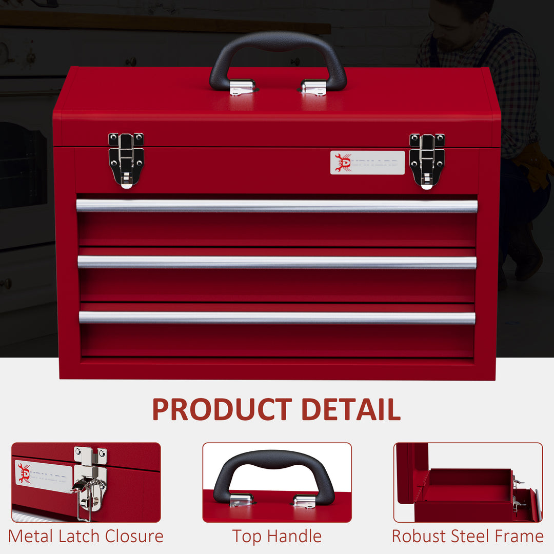 DURHAND Metal Tool Box, 3 Drawer, Lockable Tool Chest with Latches, Handle, Ball Bearing Runners, Red | Aosom UK