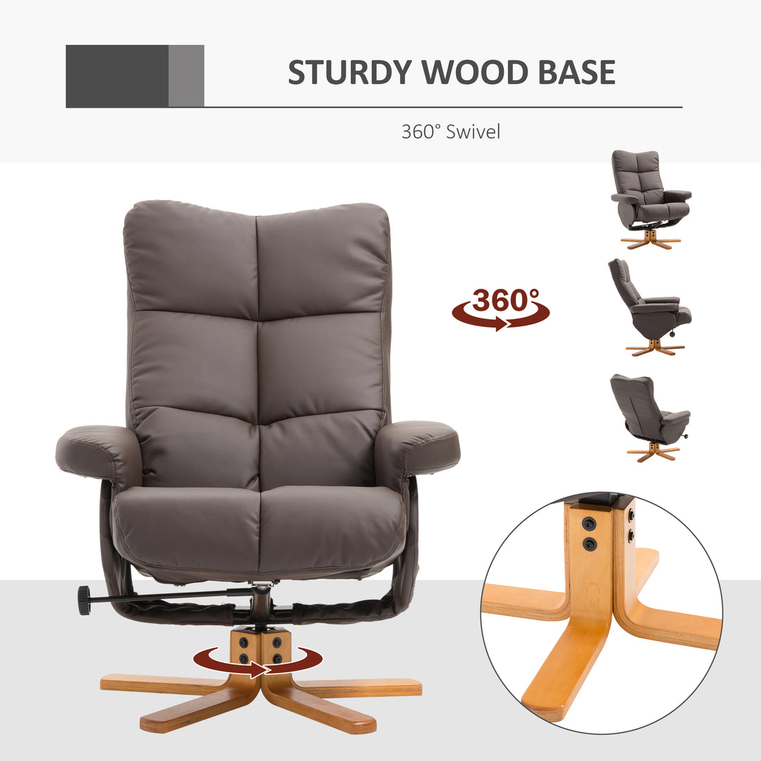 Recliner Armchair, Swivel Reclining Chair With Ottoman, Swivel Faux Leather Chair with Wooden Base and Storage Footstool for Living Room, Brown