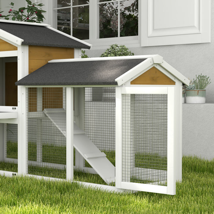 Wooden Rabbit Hutch Outdoor, Double Tier with Water-Resistant Roof, Ramp 147 x 54 x 84 cm, Yellow