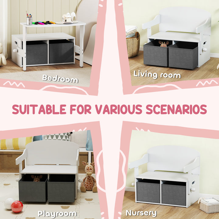 3 in 1 Kids Storage Bench, Convertible Children Table and Chair Set with 2 Fabric Bins, Toy Storage Box