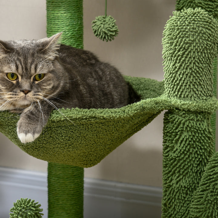 PawHut Cactus Cat Tree, 82cm Chenille with Scratching Post & Hammock, Playful Green