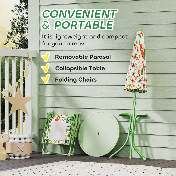 AIYAPLAY 4-Piece Kids Garden Table and Chair Set with Adjustable Parasol, Folding Chairs, Table, Nature Pattern, Green