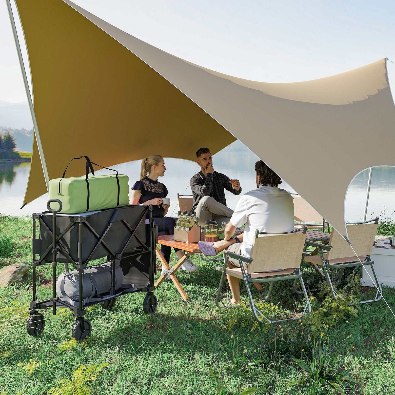 Double Decker Folding Festival Trolley on Wheels, 200KG & 350L Capacity Collapsible Wagon Festival Trolley Cart with 134cm Extended for Camping Sports Shopping Garden and Beach, Black