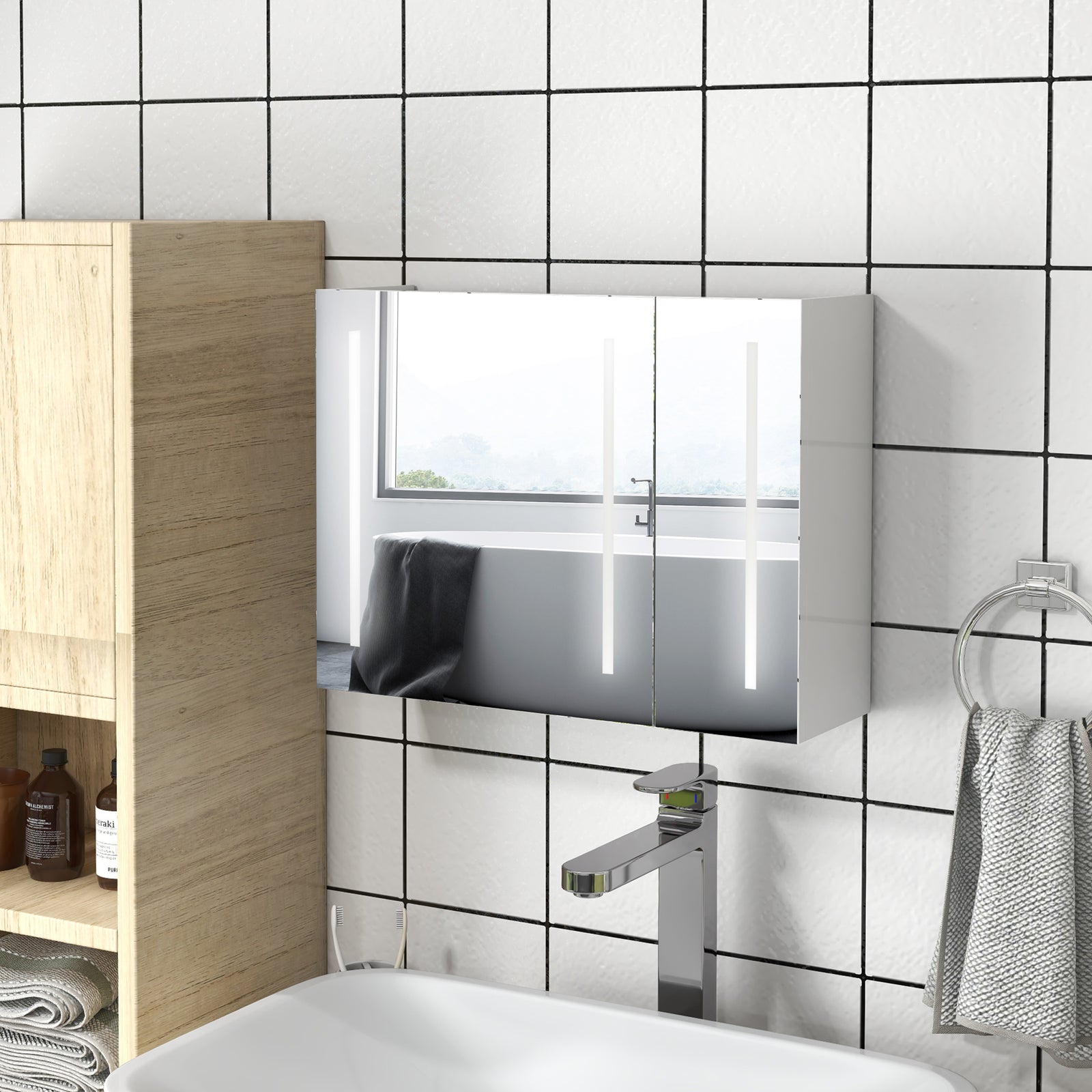 Bathroom Mirror Cabinet with Light, Bathroom Storage Cupboard with USB Charge, Adjustable Shelf, 90x15x70cm, White