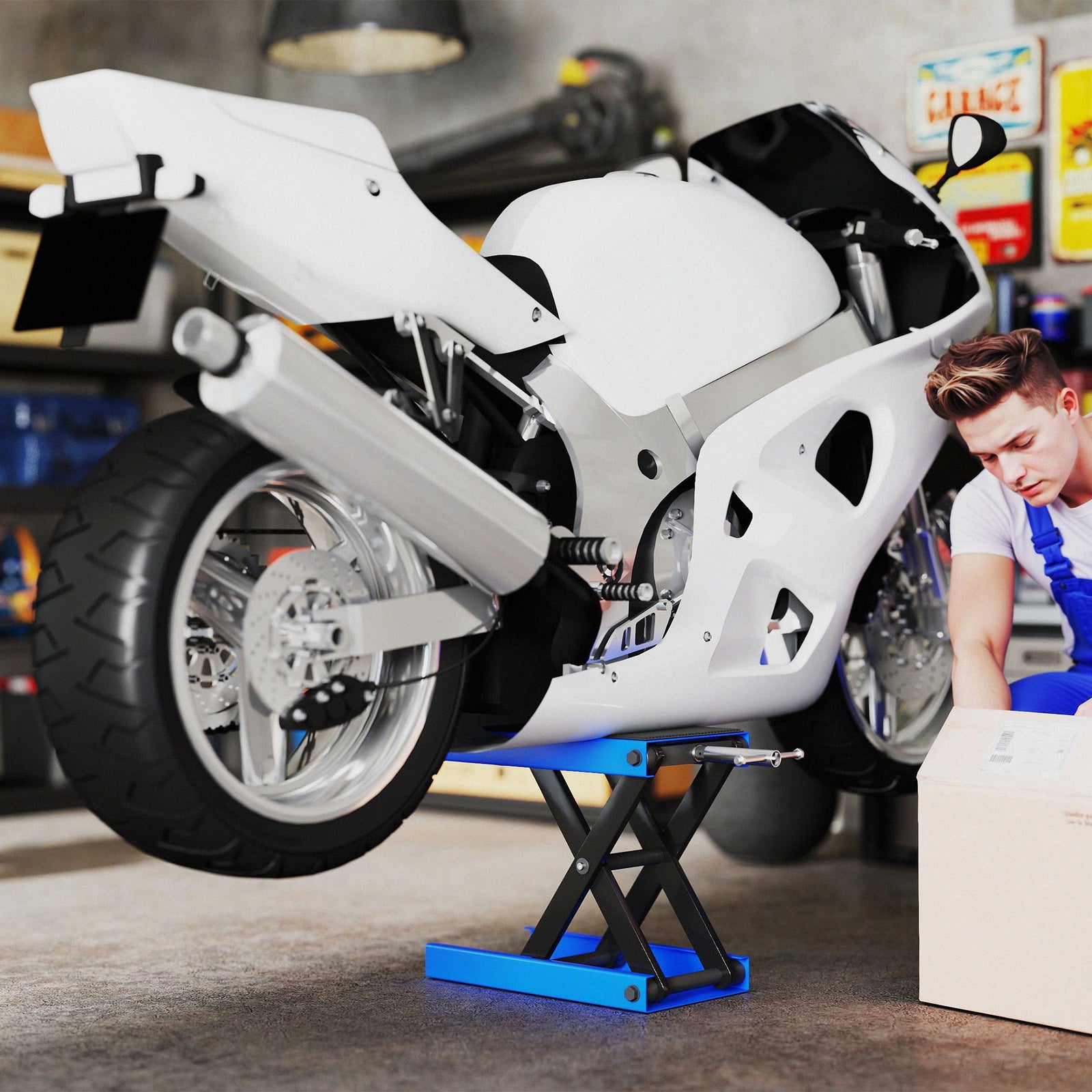 500KG Motorcycle Lift Scissor Jack, Height Adjustable Motorbike Stand with Anti-Slip Wide Deck, Heavy Duty Steel Motorbike Repair Lift Hoist Stand for Home Garage, Blue