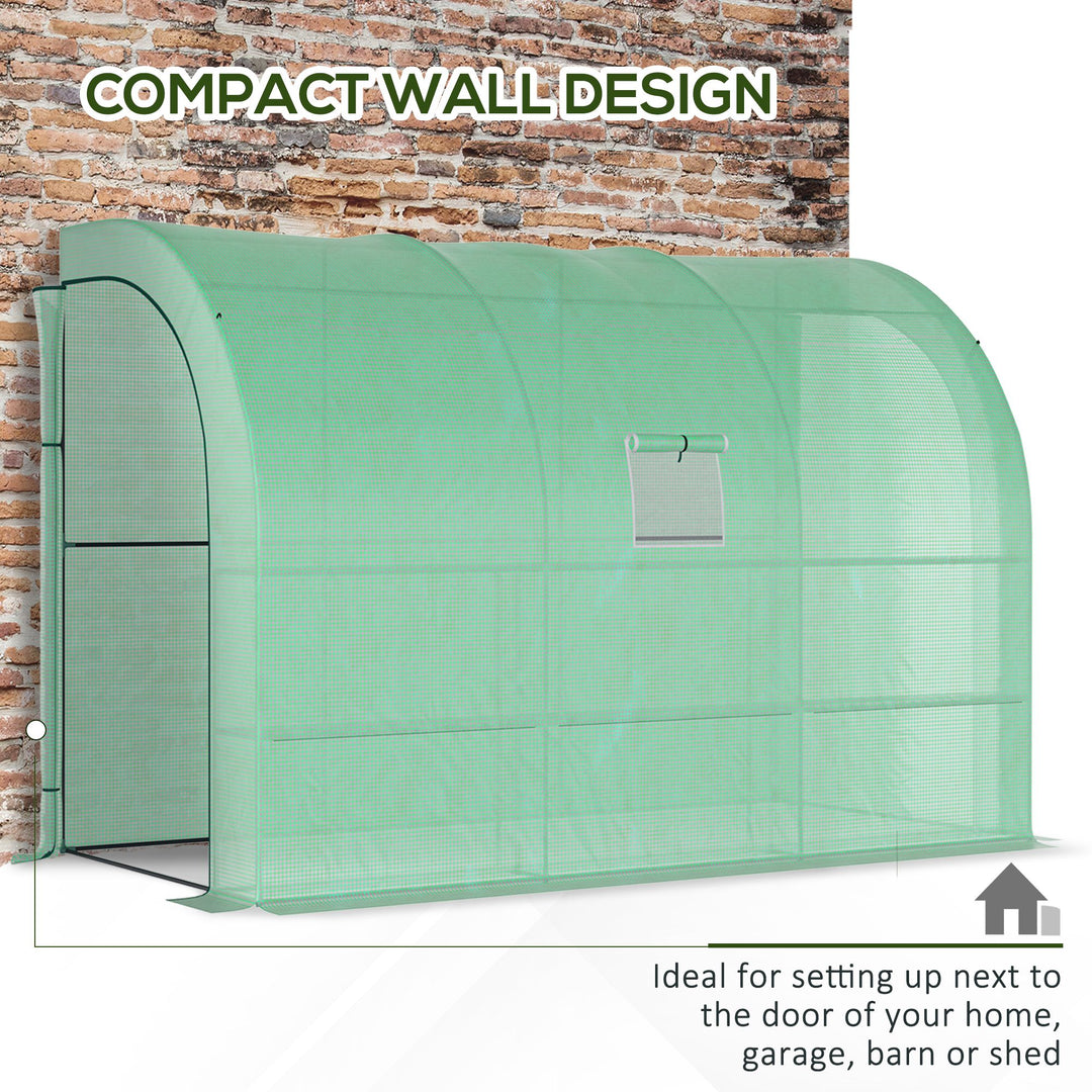Walk-In Lean to Greenhouse with Windows and Zippered Doors, 2 Tiers 6 Wired Shelves 300L x 150W x 213Hcm Green