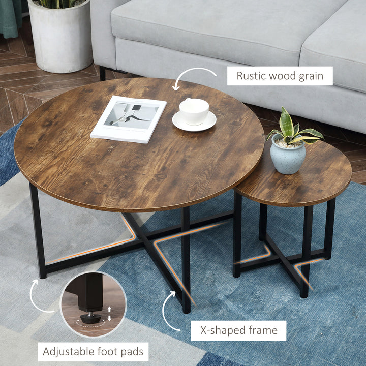 HOMCOM Round Coffee Table, Nesting Set of 2 with Metal Frame, Industrial Side End Table for Living Room Bedroom, Rustic Brown | Aosom UK