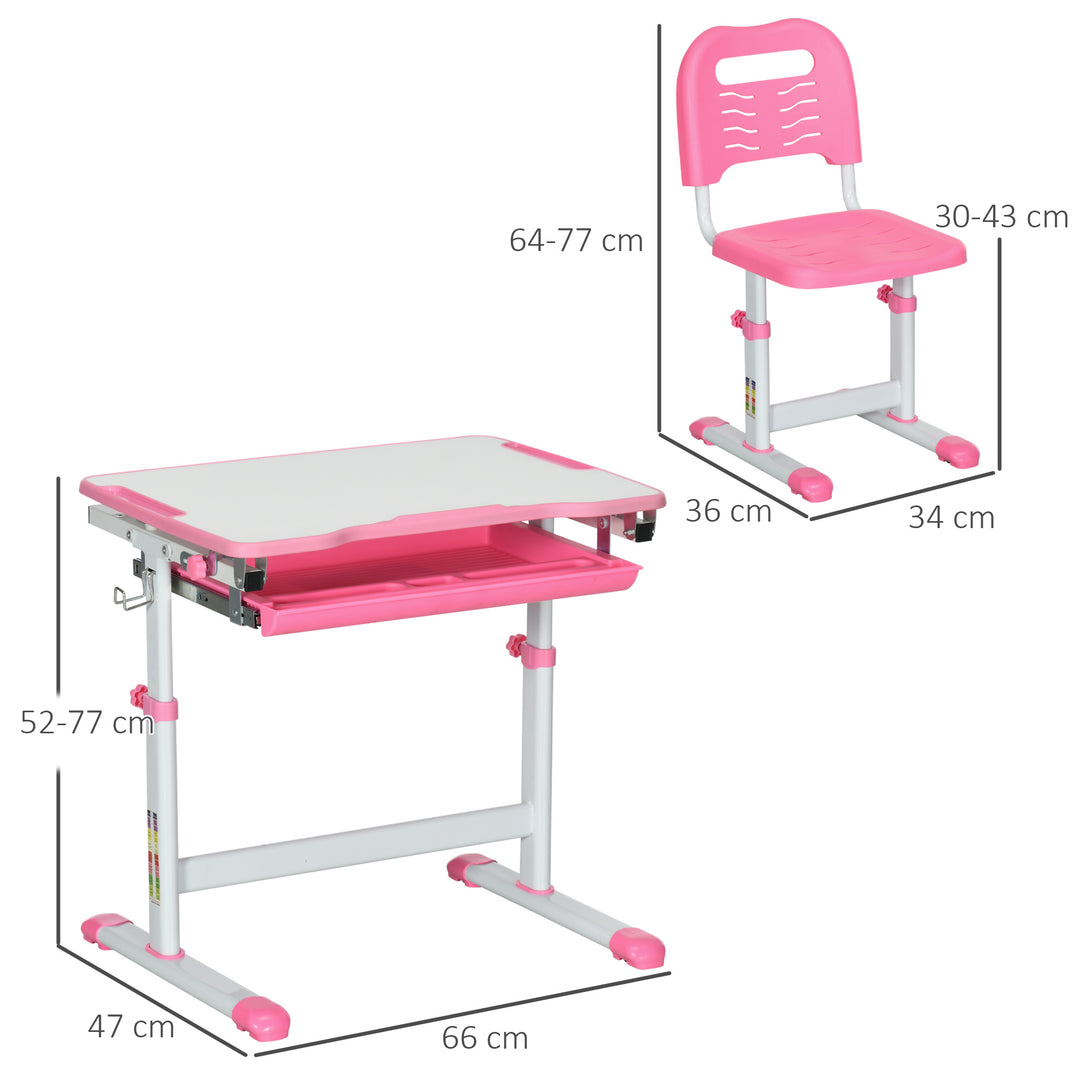 HOMCOM Adjustable Kids Desk and Chair Set, Student Writing Desk with Drawer, Pen Slot, Hook, Pink | Aosom UK