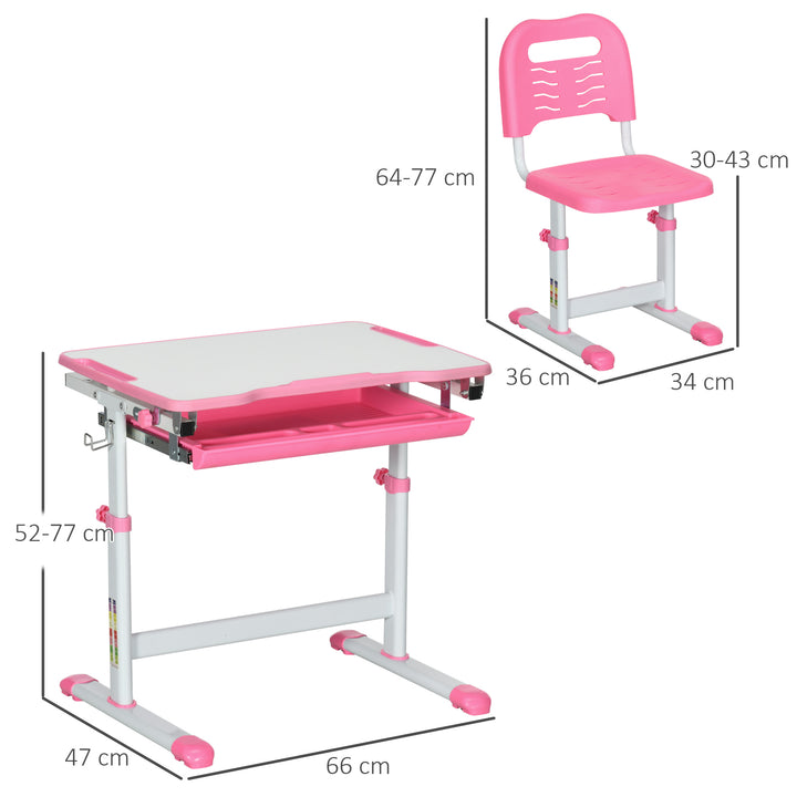 HOMCOM Adjustable Kids Desk and Chair Set, Student Writing Desk with Drawer, Pen Slot, Hook, Pink
