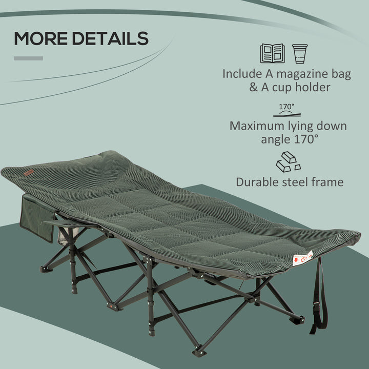 Foldable Camp Bed, Padded Patio Camping Bed with Carry Bag, Magazine Bag and Cup Holder for Outdoor, Garden, Grey
