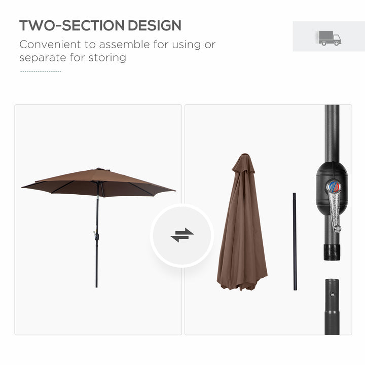 3(m) Tilting Parasol Garden Umbrellas, Outdoor Sun Shade with 8 Ribs, Tilt and Crank Handle for Balcony, Bench, Garden, Coffee