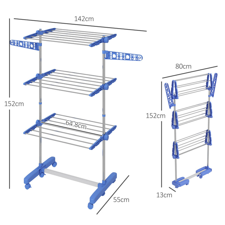 HOMCOM 3-Tier Clothes Airer, Foldable Clothes Drying Rack, Stainless Steel Indoor & Outdoor Clothes Dryer w/ Wheels & Wings, Easy Assembly | Aosom UK