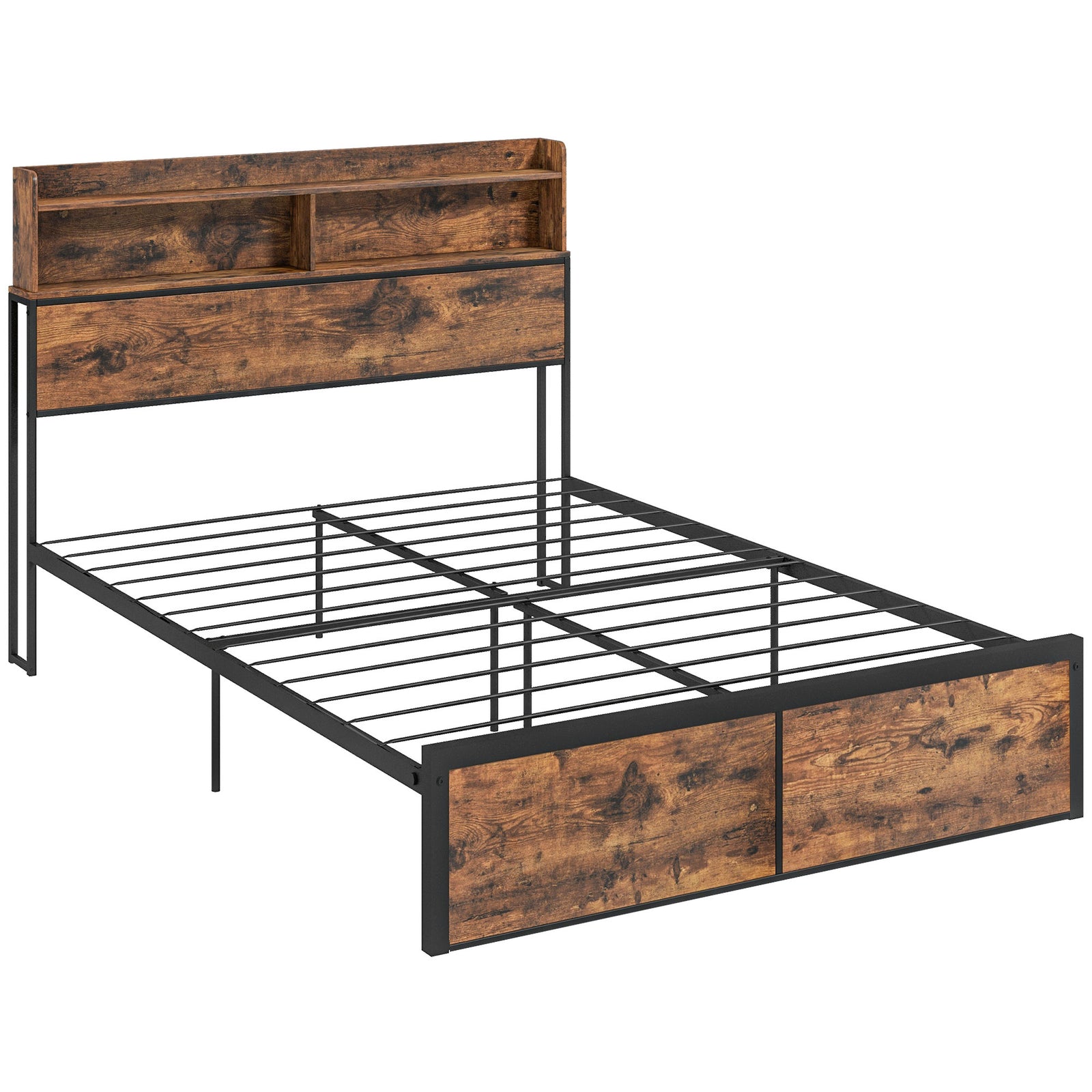 Industrial Double Bed Frame, 4.6FT Steel Bed Base with Storage Headboard, Footboard, Slatted Support and Under Bed Storage, 141 x 207cm, Rustic Brown