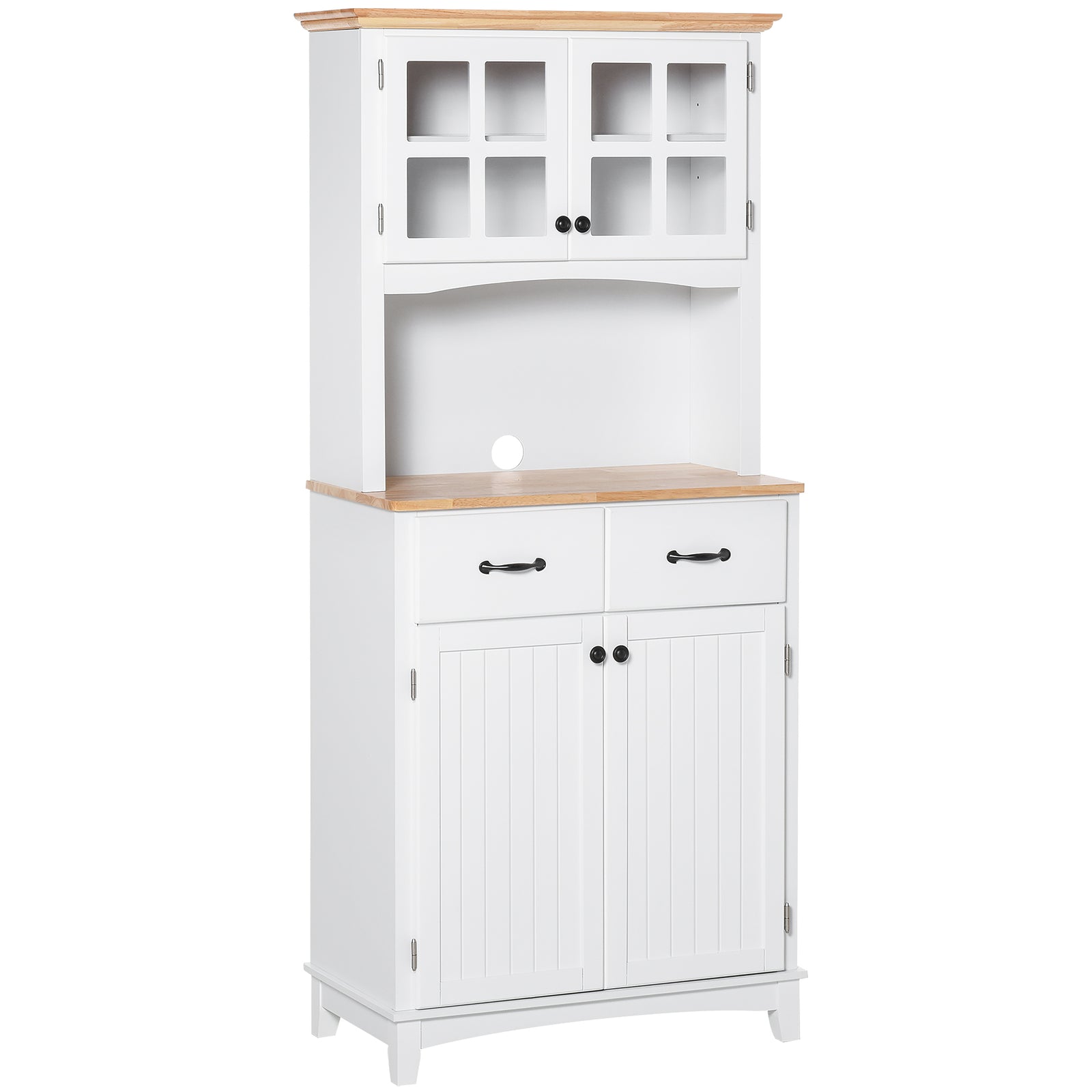 Freestanding Kitchen Cupboard, Kitchen Storage Cabinet with Framed Glass Doors, 2 Drawers, Microwave Counter, White