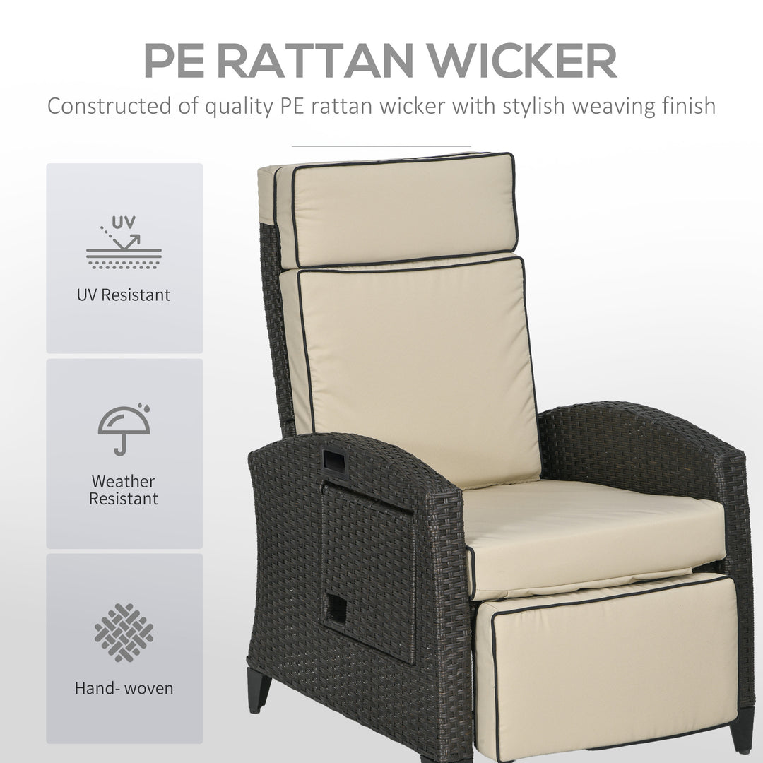 Outdoor Recliner Chair with Adjustable Backrest and Footrest, Cushion, Side Tray, Khaki/Brown