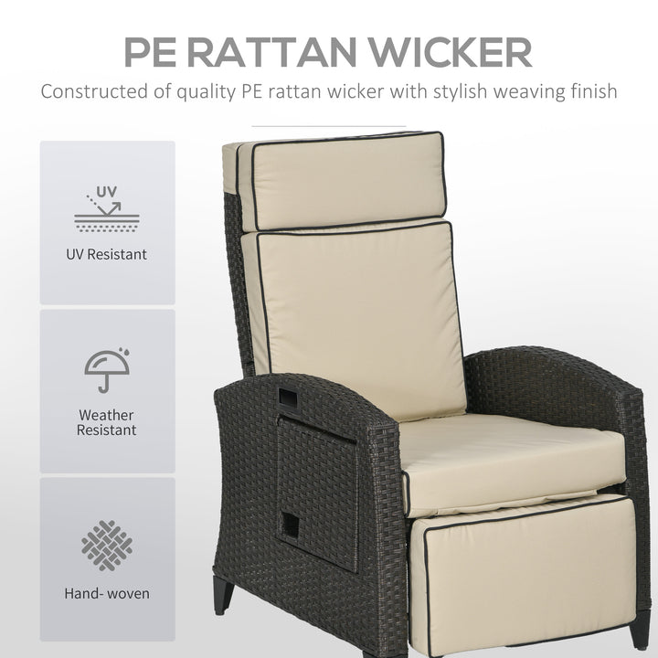 Outdoor Recliner Chair with Adjustable Backrest and Footrest, Cushion, Side Tray, Khaki/Brown