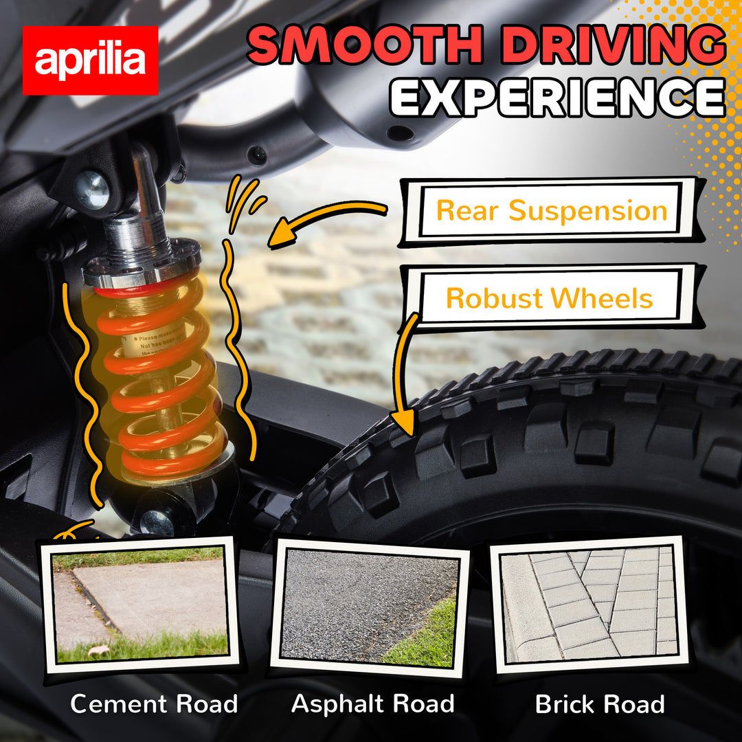 MCL 12V Aprilia Licensed Kids Motorbike with Training Wheels, Spring Suspension, LED Headlight, USB, Music, Red/Black