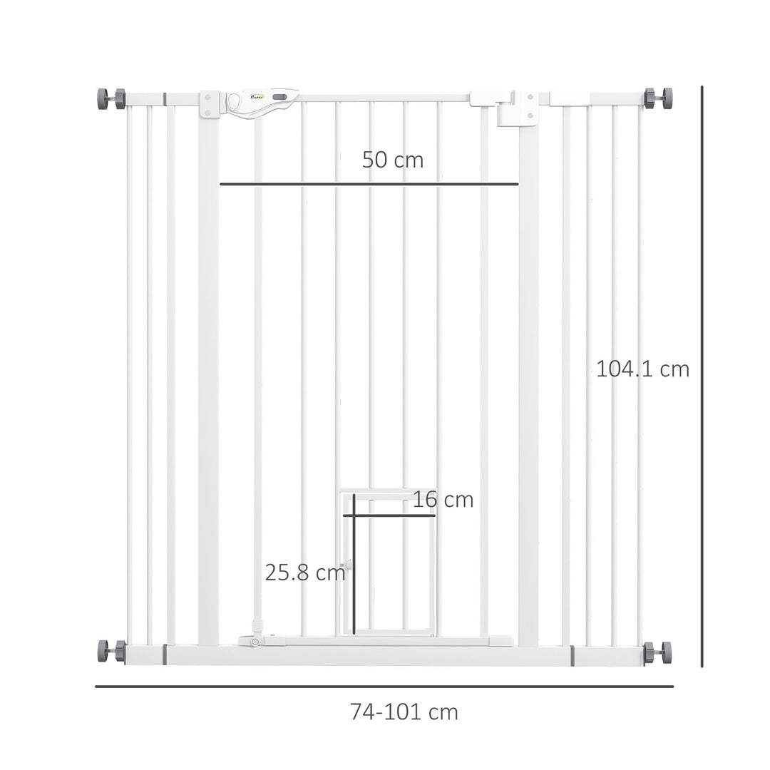 PawHut Extra Tall Pet Gate, Indoor Dog Safety Gate, with Cat Flap, Auto Close, 74-101cm Wide - White | Aosom UK