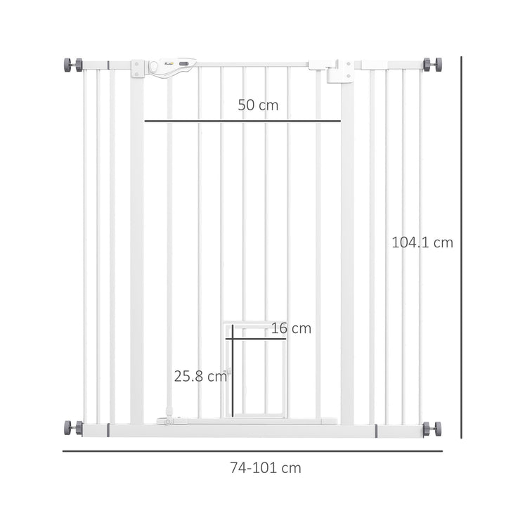 PawHut Extra Tall Pet Gate, Indoor Dog Safety Gate, with Cat Flap, Auto Close, 74-101cm Wide - White | Aosom UK