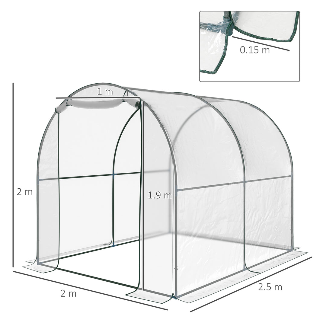 Walk-in Polytunnel Greenhouse with Roll-up Door Transparent Tunnel Greenhouse with Steel Frame and PVC Cover, 2.5 x 2m