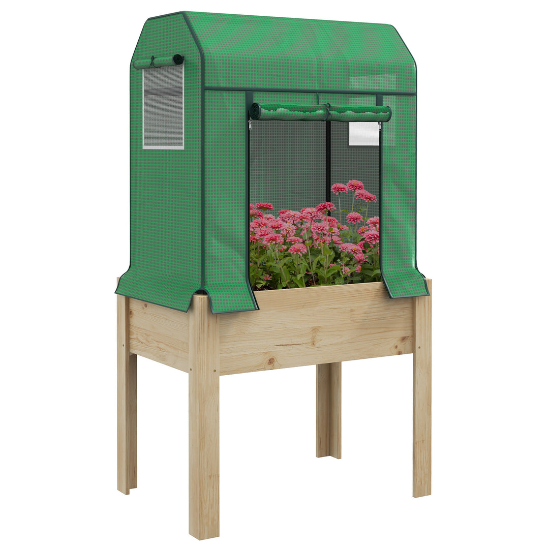 Wooden Planter Box with PE Greenhouse Cover and Bed Liner, Raised Garden Bed for Vegetables, Flowers, Herbs
