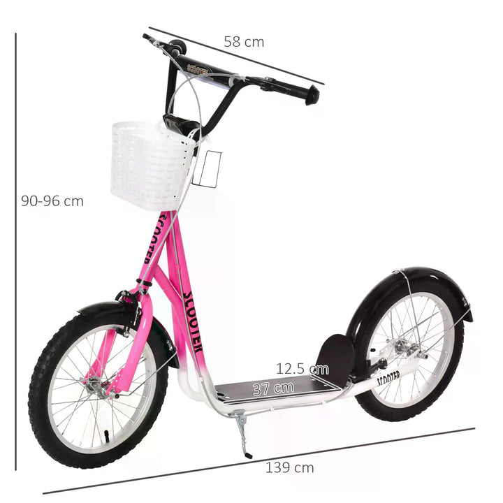 HOMCOM Kids Kick Scooter Teen Ride On Children Scooter with Adjustable Handlebar 2 Brakes Basket Cupholder Mudguard 16" Inflatable Rubber Tyres Pink