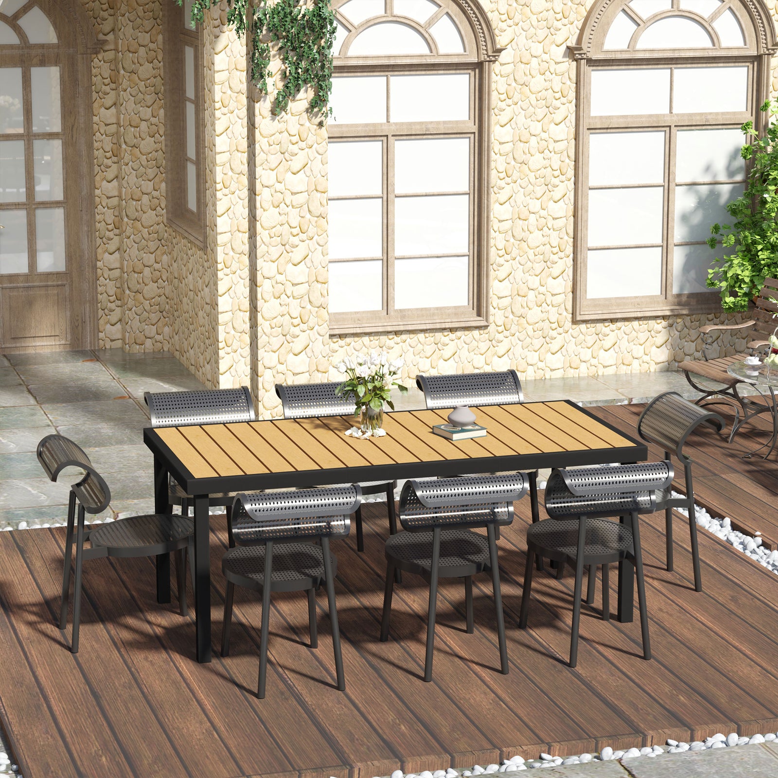 Aluminium Outdoor Garden Dining Table for 8 People, Faux Wood Top, for Garden, Patio, 190 x 90 x 74 cm, Natural