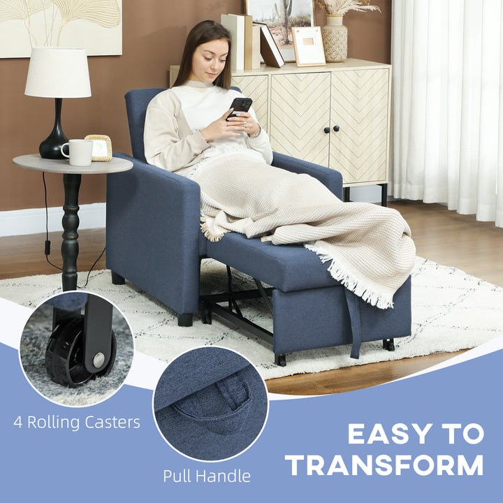 3-In-1 Chair Bed, Convertible Sleeper Chair with Adjustable Backrest, Pillow and Footrest for Living Room, Blue