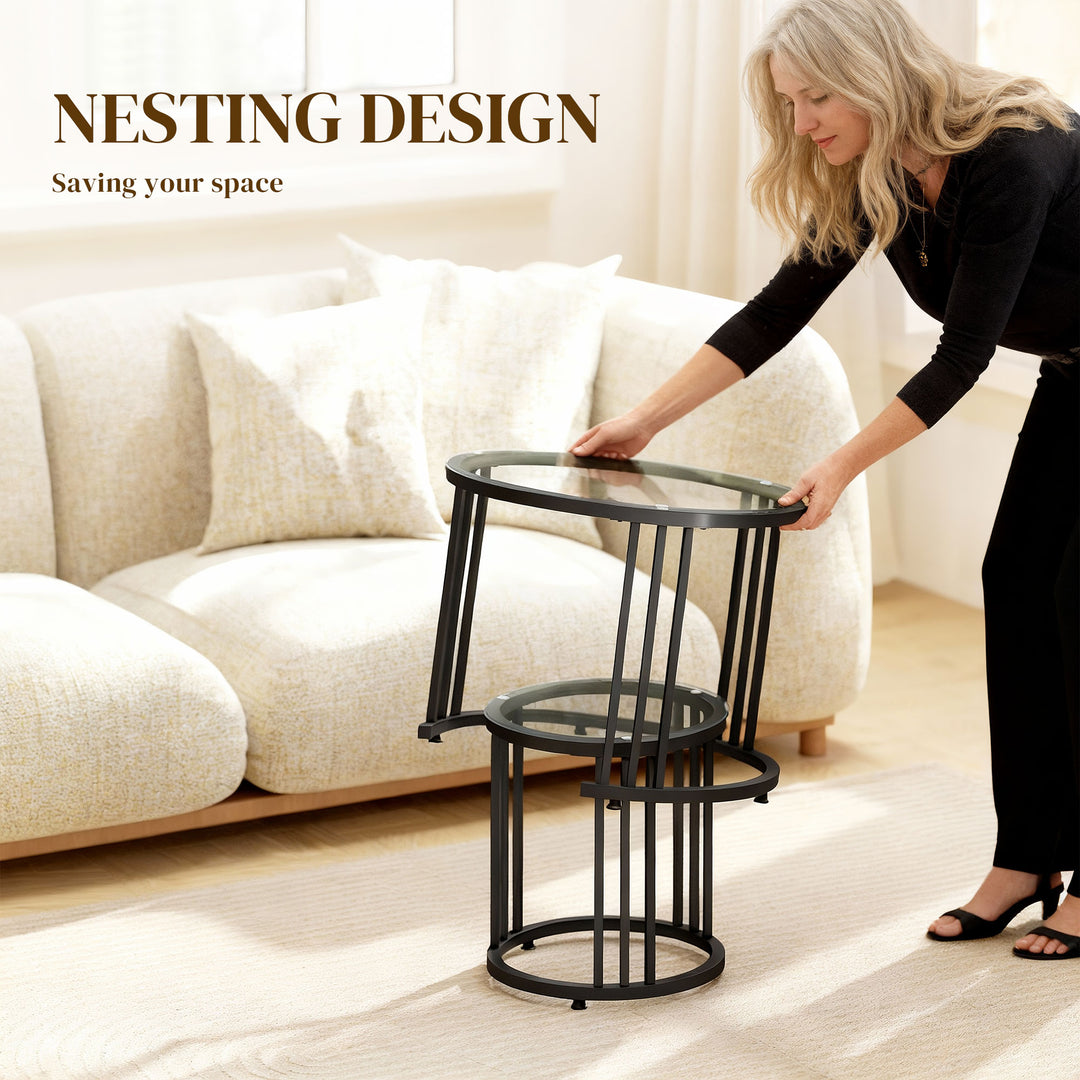 Round Coffee Tables Set of 2, Nesting Tables with Tempered Glass Top a