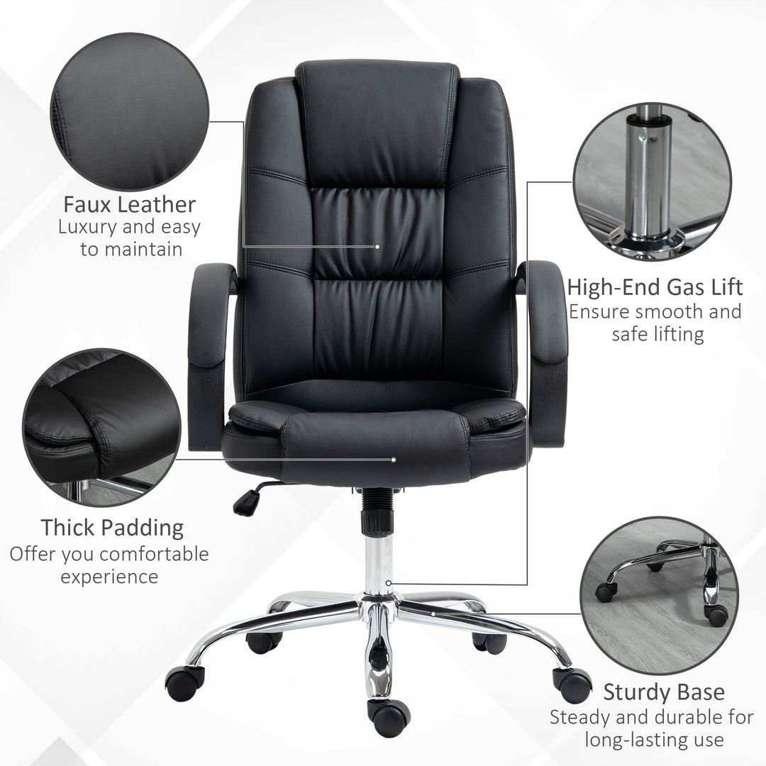 Office Chair, PU Leather Desk Chair with 13cm Soft Padded Seat and Backrest, Swivel Chair with Adjustable Height and Rolling Wheels, Black