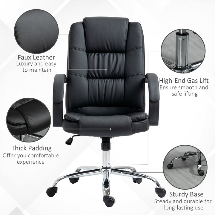 Office Chair, PU Leather Desk Chair with 13cm Soft Padded Seat and Backrest, Swivel Chair with Adjustable Height and Rolling Wheels, Black