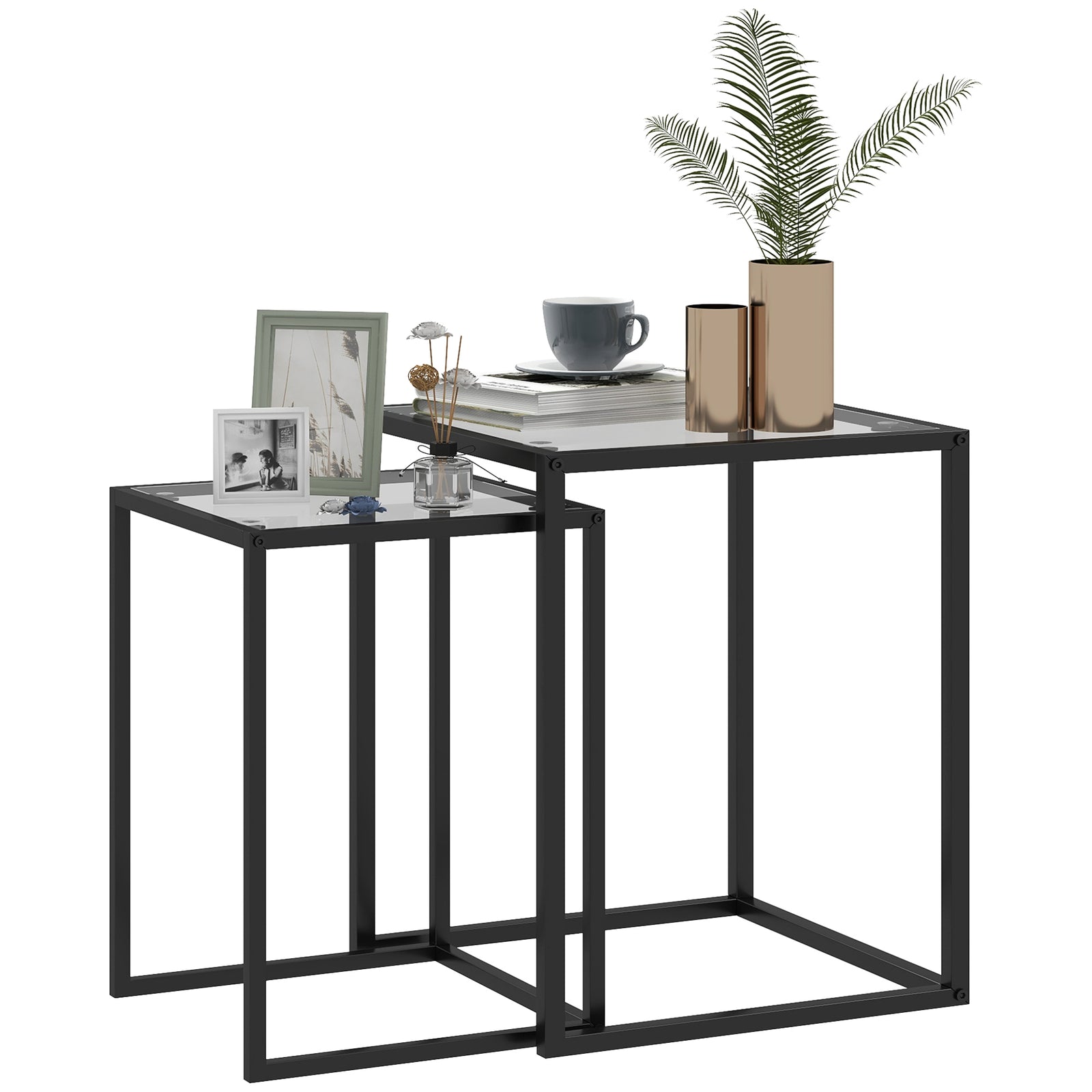 Nesting Tables Set of 2, Side End Table with Tempered Glass Top and Steel Frame for Living Room, Bedroom, Black