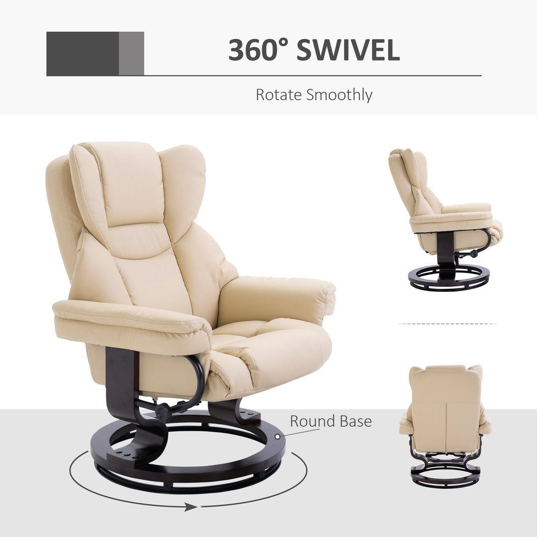 360° Swivel Recliner Chair with Footstool, PU Leather Manual Recliner Armchair with Solid Wood Base, Upholstered Reclining Chair for Living Room, Bedroom, Office, Cream