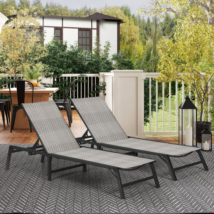 Outsunny Foldable Outdoor PE Rattan Sun Lounger Set of 2, Patio Wicker Recliners Lounge Chair w/ 5-Level Adjustable Backrest, for Poolside, Garden, Mixed Grey | Aosom UK