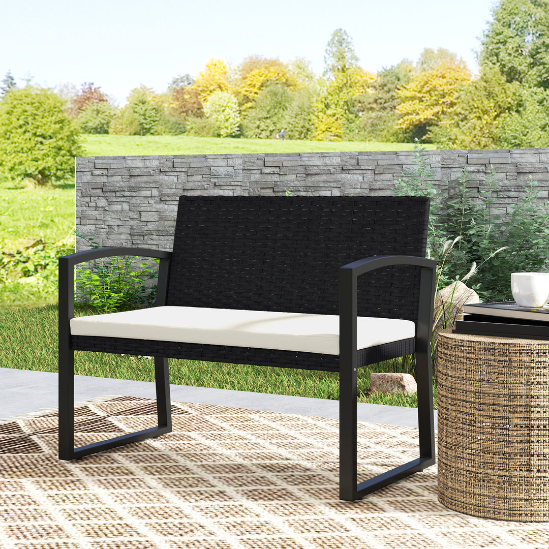 Two-Seater Rattan Garden Bench - Beige/Black