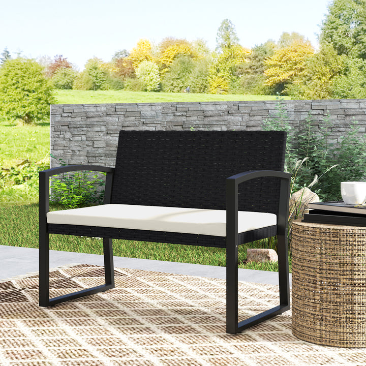 Two-Seater Rattan Garden Bench - Beige/Black