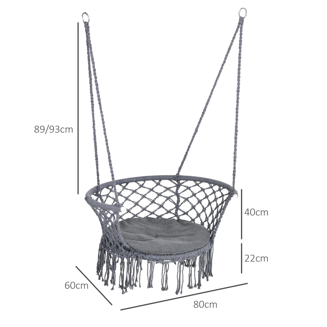 Outdoor Hanging Rope Chair with Cotton Rope, Cotton-Polyester Blend Macrame Garden Hammock Chair with Seat Cushion, Support Backrest, for Patio, Garden, Porch, Dark Grey