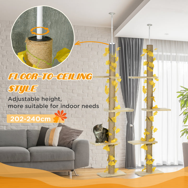 242cm Adjustable Floor-To-Ceiling Cat Tree, with Artificial Decoration, Perches, Anti-Slip Kit - Yellow