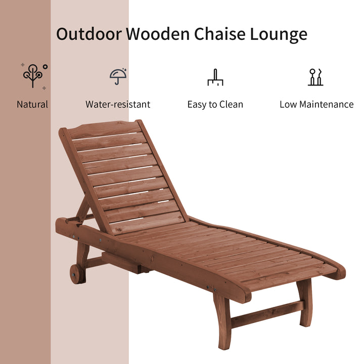 Outdoor Wooden Lounger Chair, Sun Bed with Built-In Table, Adjustable Backrest and Wheels, Red Brown