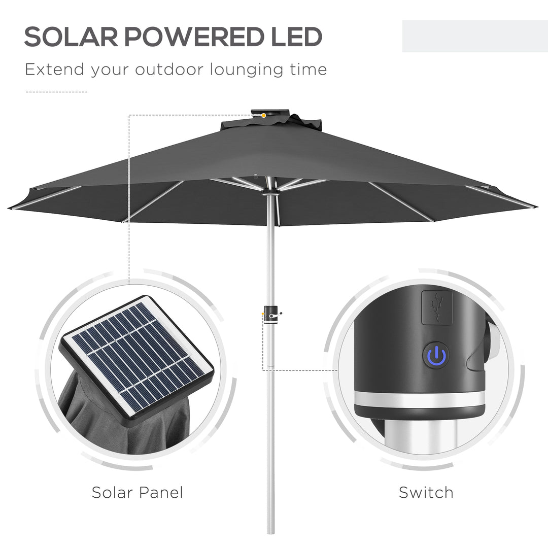 3m Parasol, with Solar-Powered LED Lights - Grey