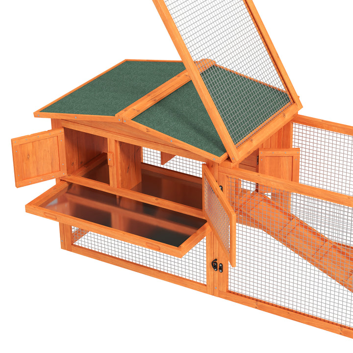 Rabbit Hutch with Run Wooden Guinea Pig Hutch Outdoor Bunny Cage Hide House with Sliding Tray, Hay Rack, Ramp, 156 x 58 x 68cm, Orange