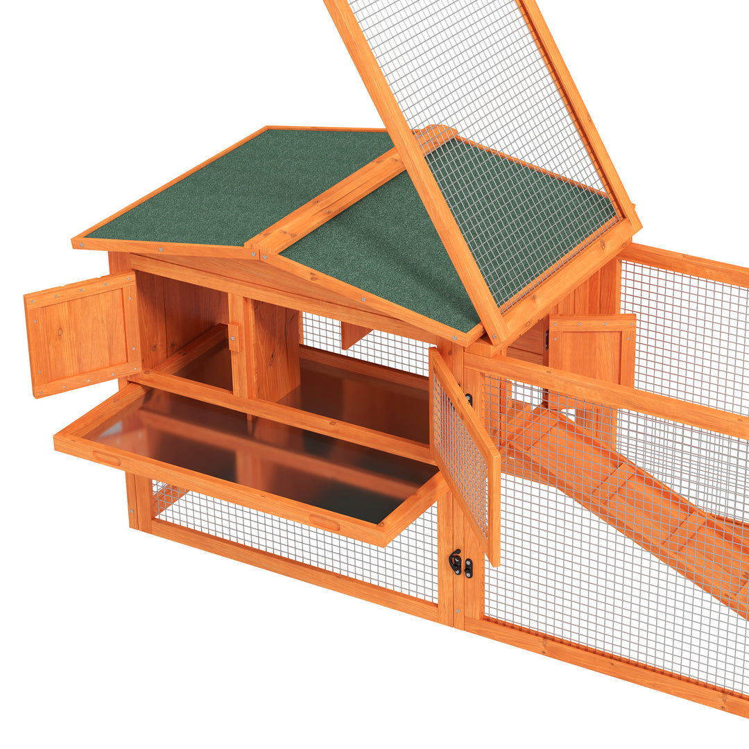 Rabbit Hutch with Run Wooden Guinea Pig Hutch Outdoor Bunny Cage Hide House with Sliding Tray, Hay Rack, Ramp, 156 x 58 x 68cm, Orange